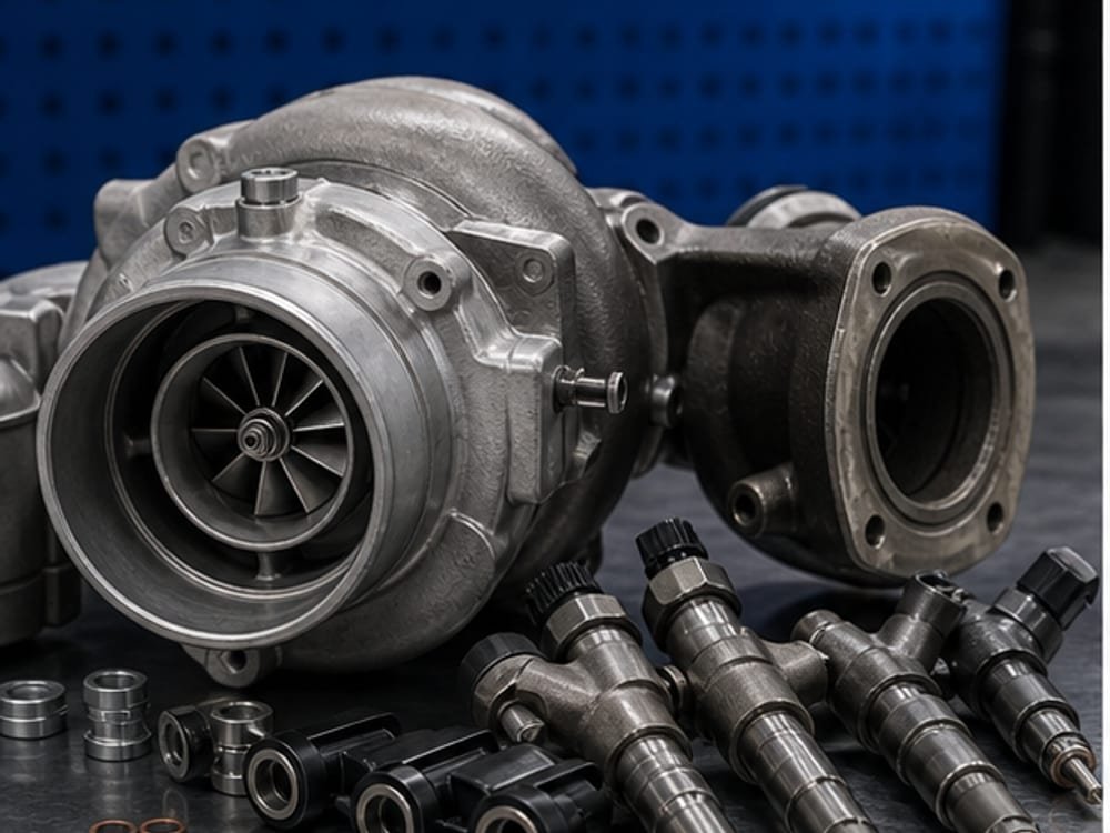 Turbo e inyectores diesel sobre banco de taller
