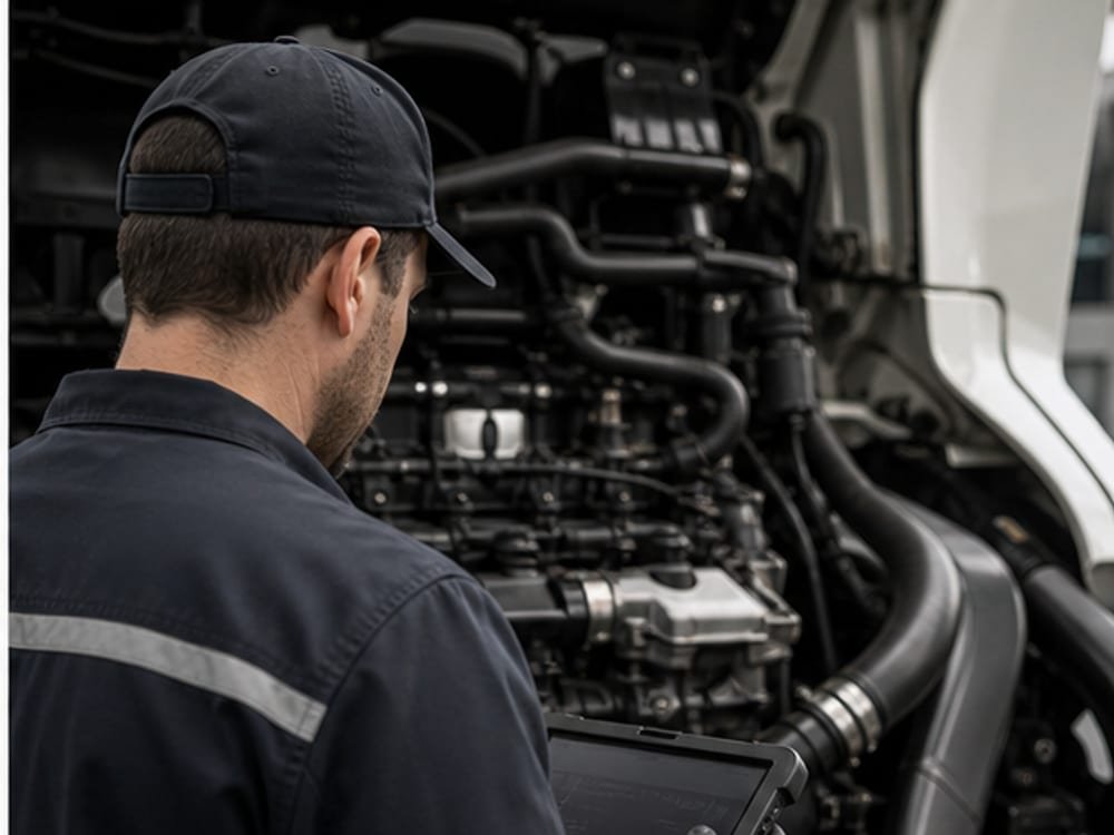 Tecnico revisando diagnostico de motor diesel con tablet