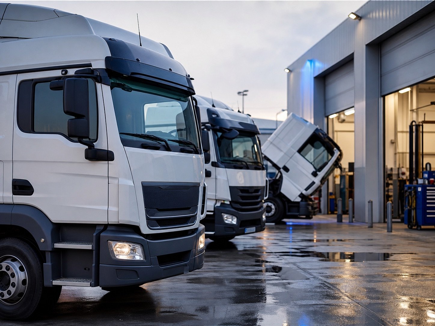 Flota de camiones diesel frente a taller de mantenimiento