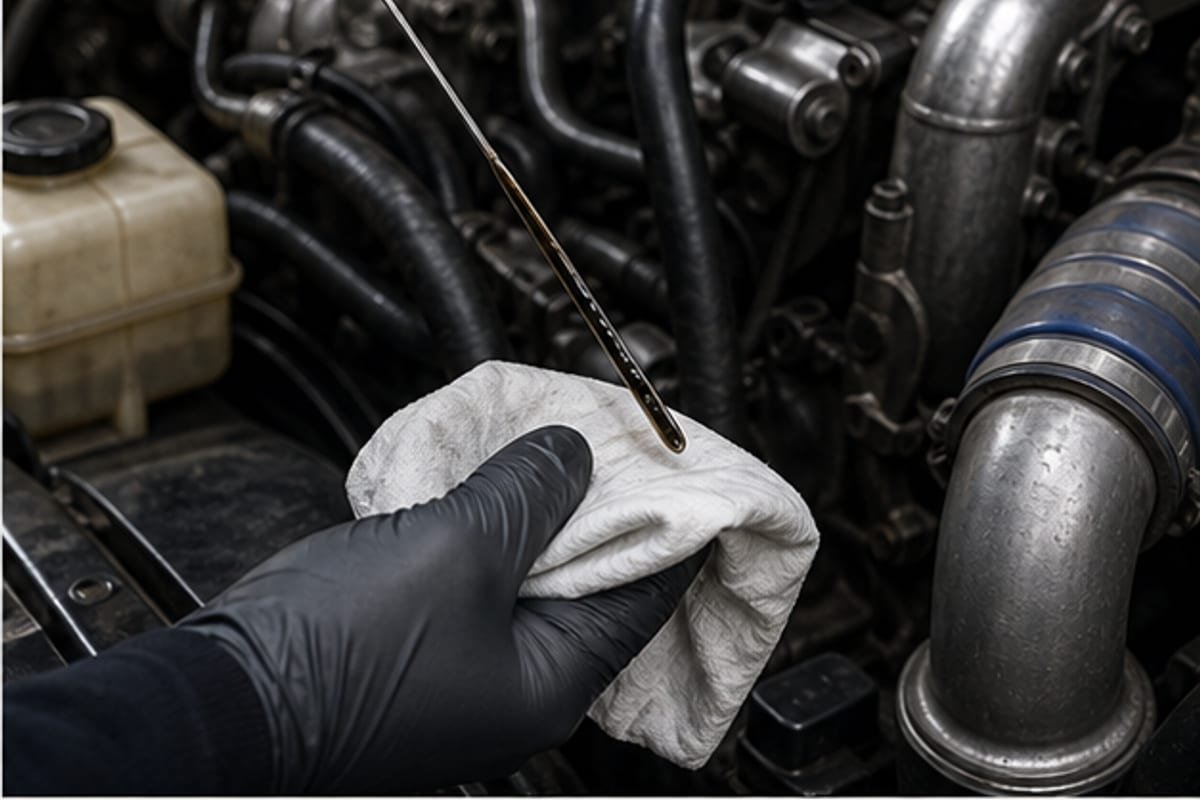 Revision de aceite en motor diesel con guante tecnico