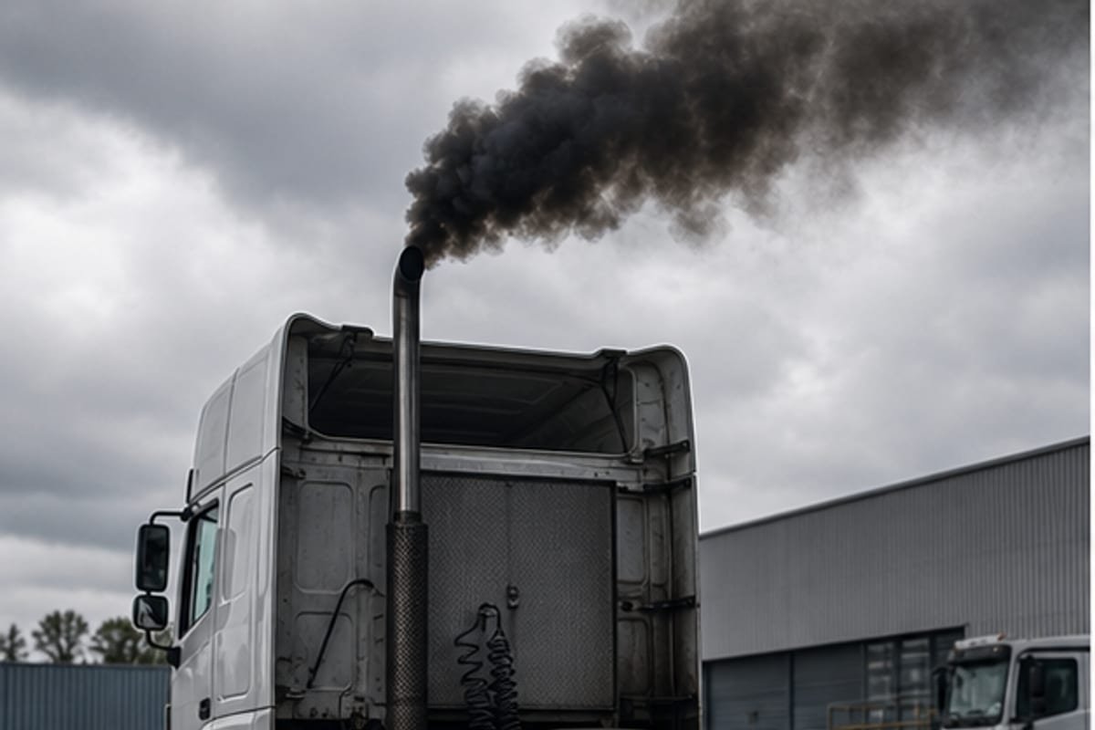 Camion diesel con humo negro en diagnostico industrial
