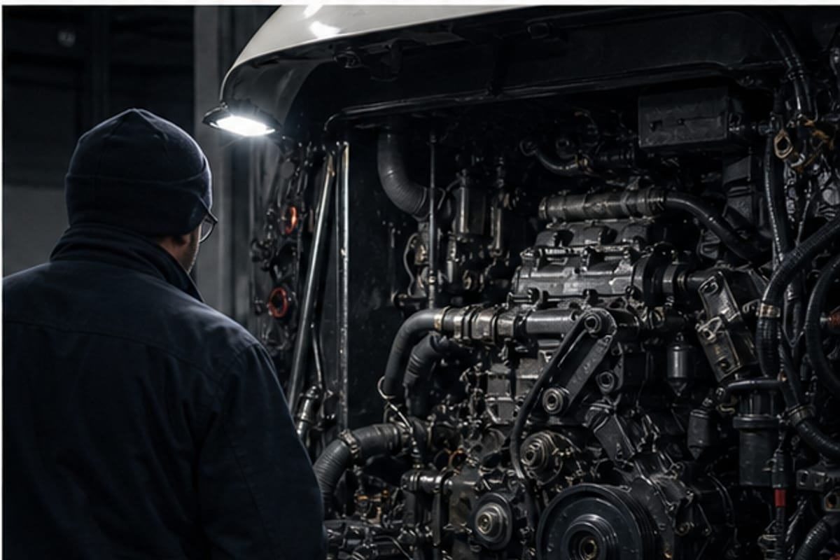 Inspeccion de motor diesel de camion en taller