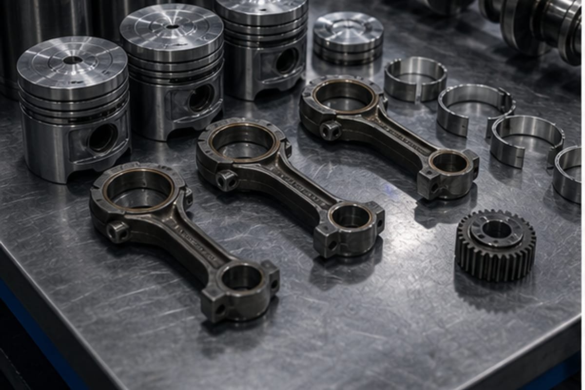 Pistones y camisas de motor diesel organizados en taller