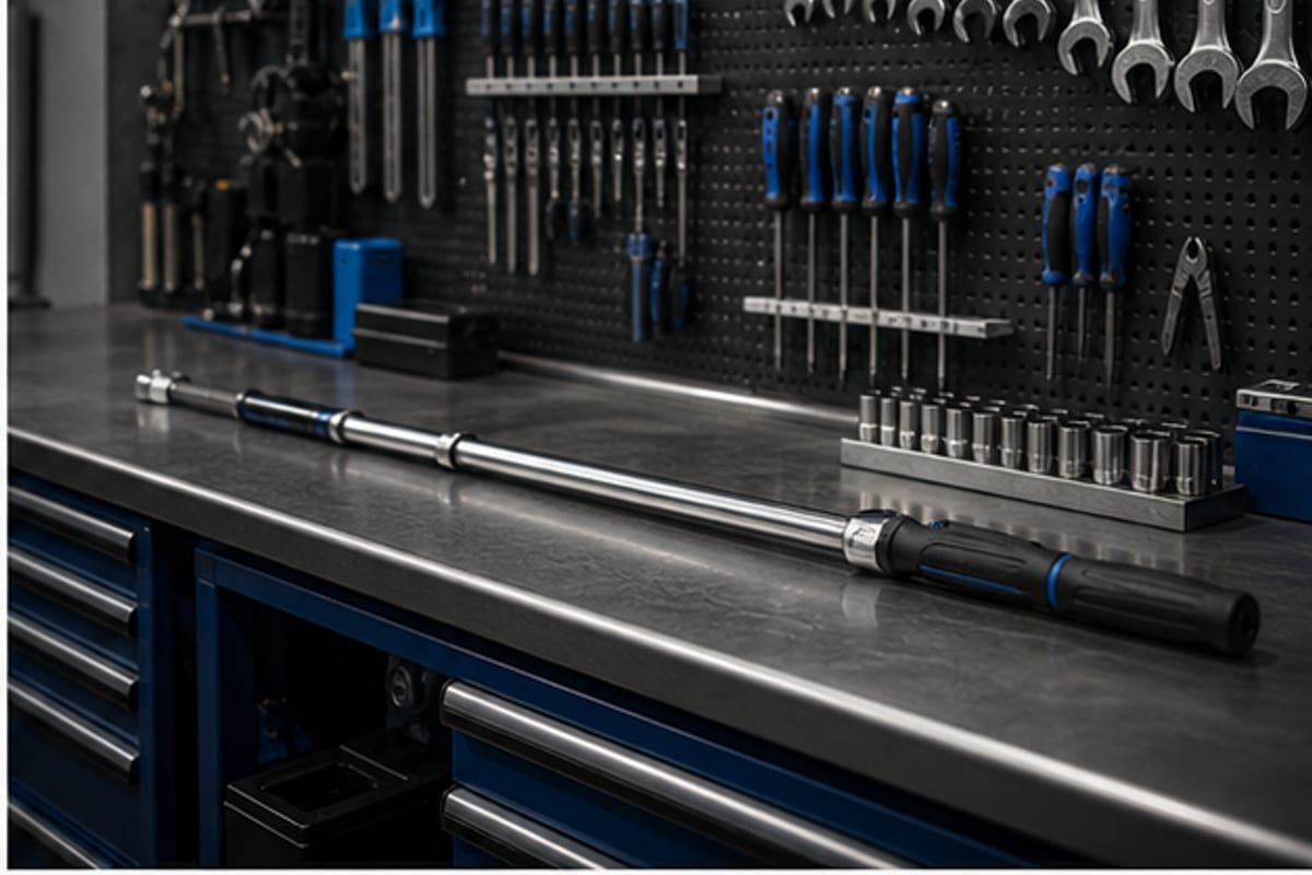 Herramientas industriales organizadas en taller diesel