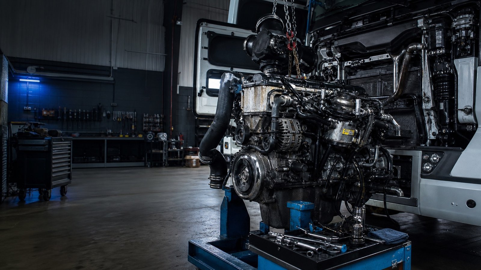 Taller industrial con motor diesel de camion en diagnostico