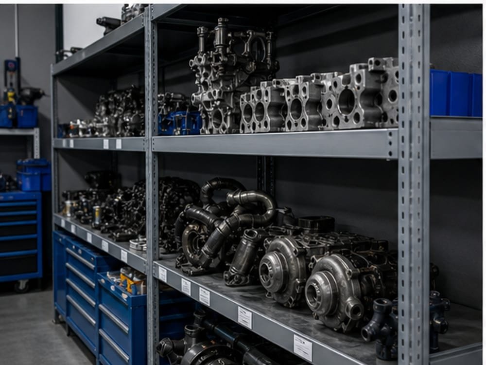 Repuestos y herramientas organizados para servicio diesel